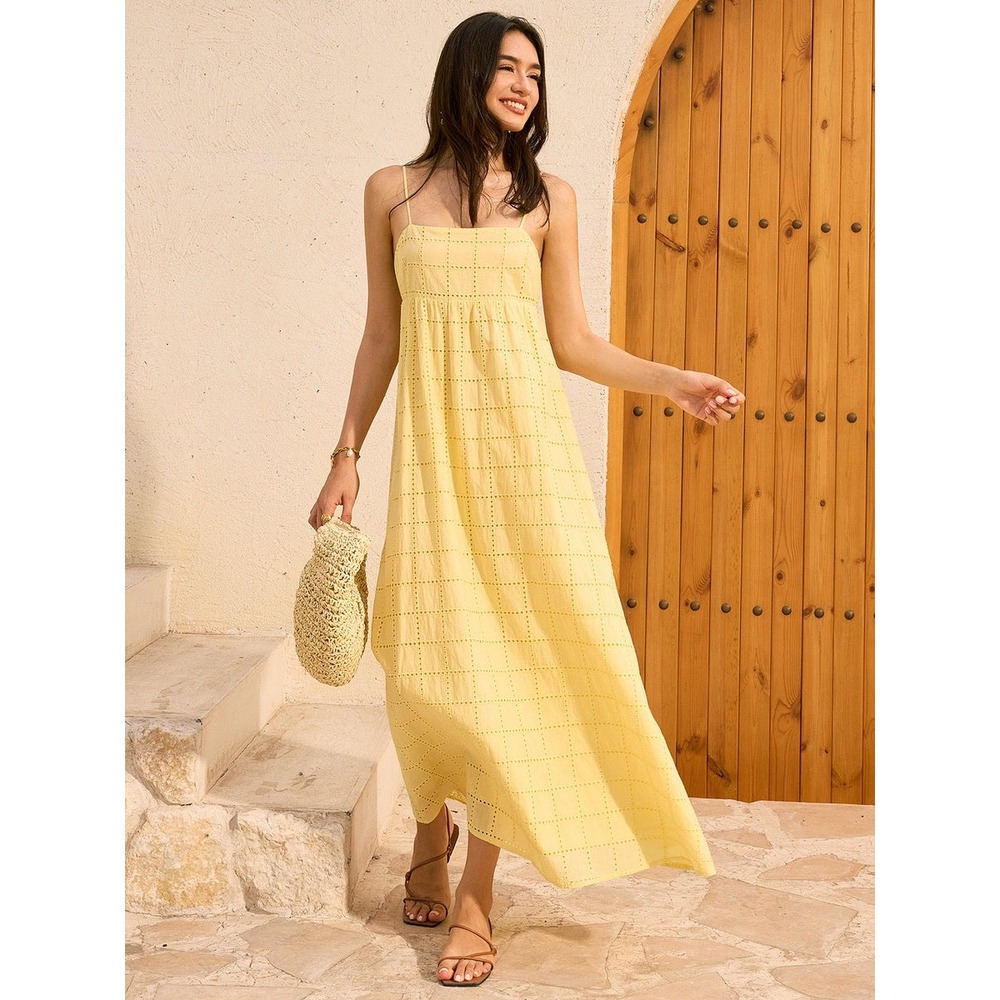 New Commense Eyelet Maxi Dress XL Butter Yellow Empire Boho Summer Vacation NWT